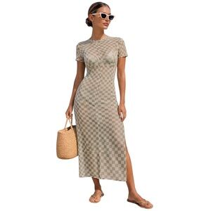 Green Checkered Mesh Maxi Dress Beach Cover Up Side Slit